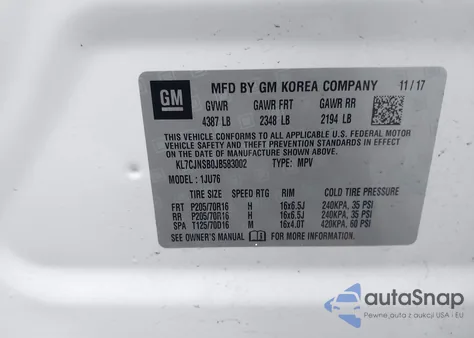 2018 Chevrolet Trax Ls z USA, uszkodzony, nr VIN KL7CJNSB0JB583002